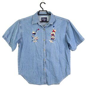 Womens Let's Quizz Again Blue Denim Shirt Bear Embroidery Button Up Size XL